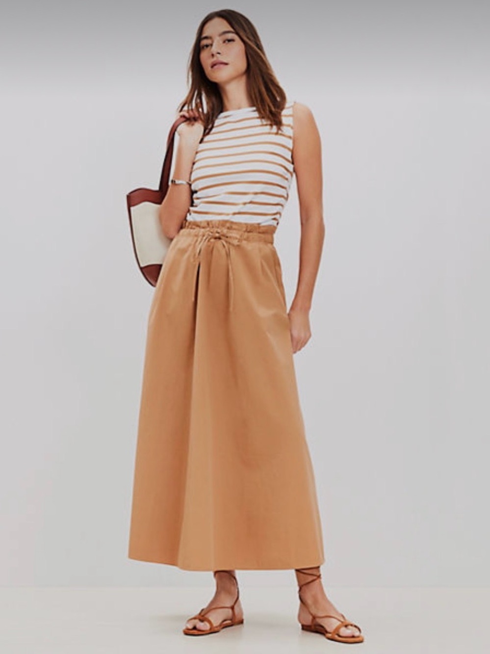 LOFT Tan Drawstring-Waist Maxi Skirt